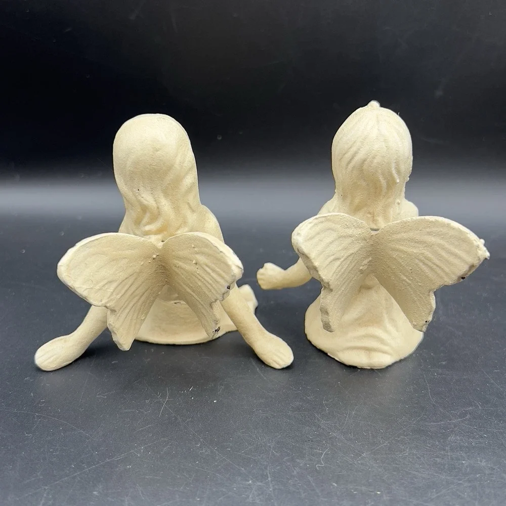 Vintage CAST IRON FAIRY WITH BIRD ON HAND & Playful Garden Fairy Cream Rustic